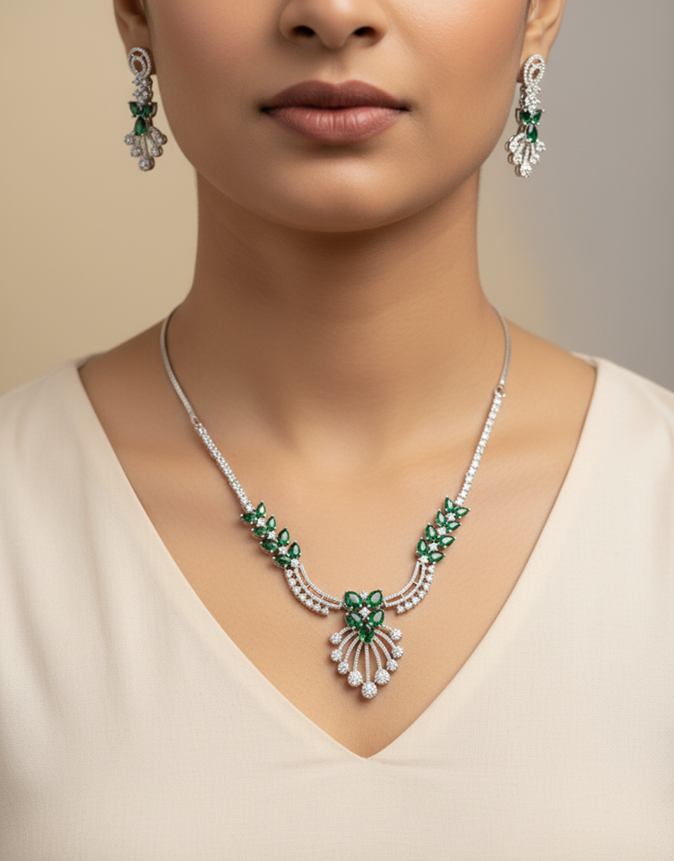 Dazzling Leaf Motif AD Stone Necklace